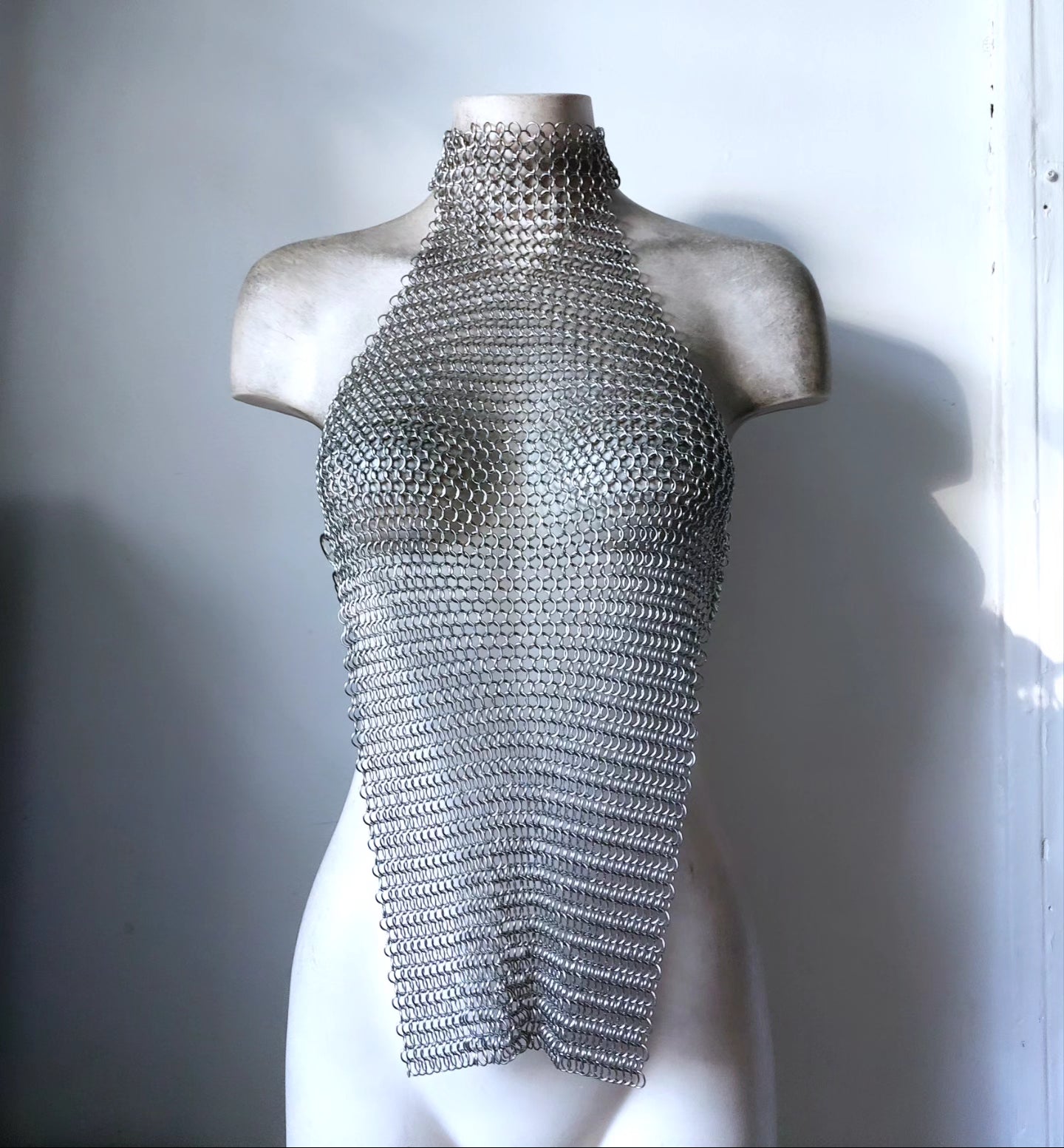 Dalena Top - Sleeveless High Neck Mesh Chainmail Top in Silver